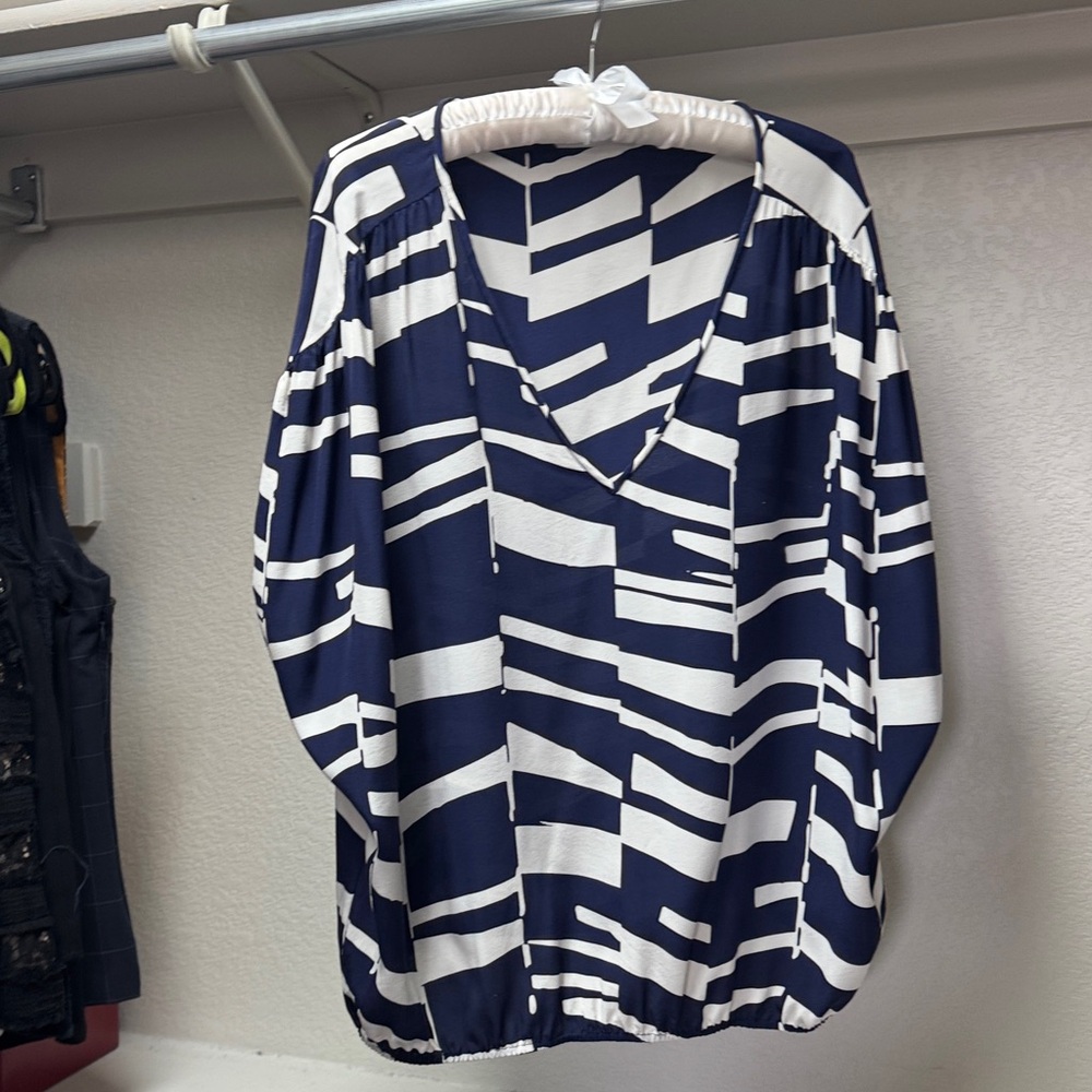 Trina Turk Navy and Cream Zigzag Blouse